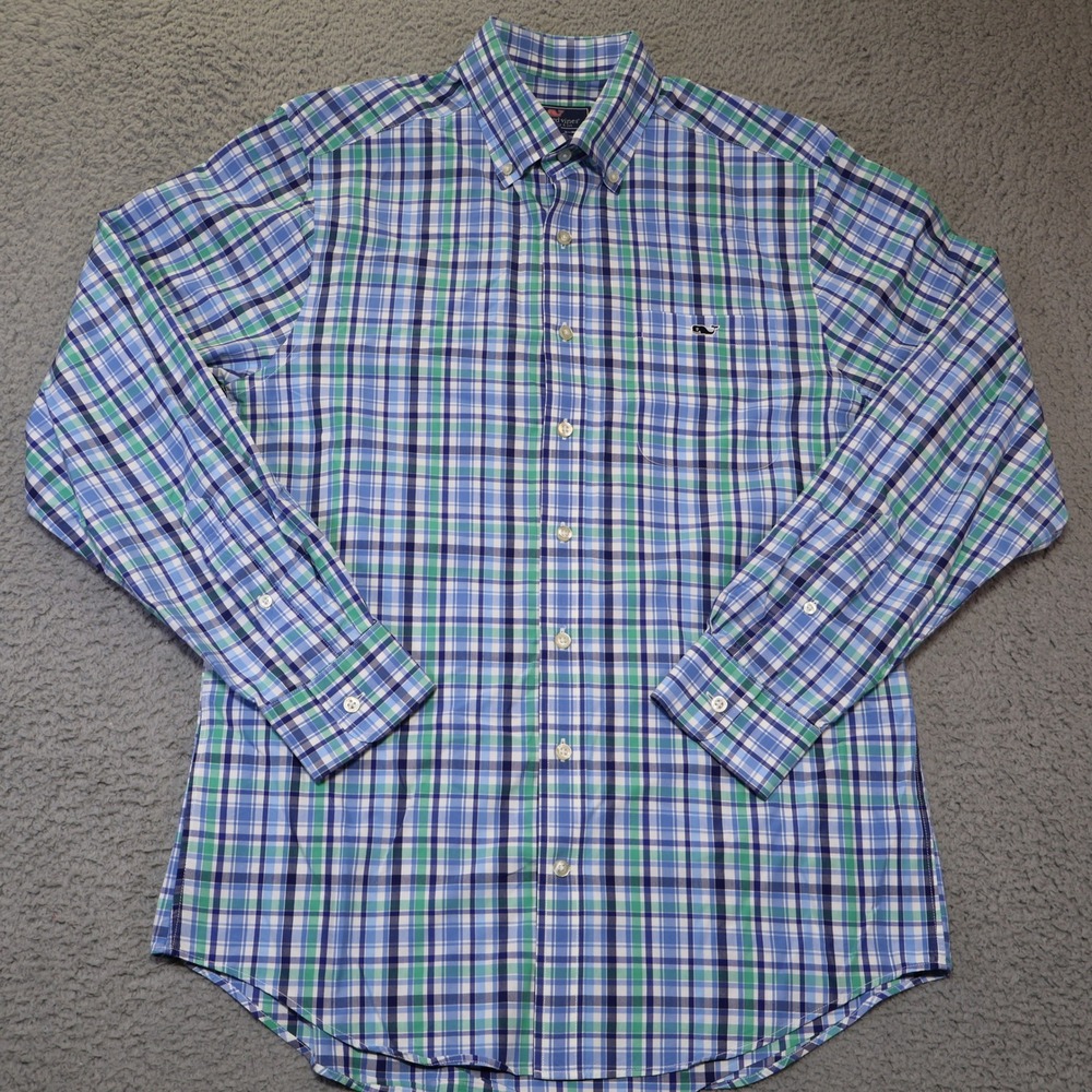 Vineyard Vines Mens Slim Fit Tucker Shirt Blue Green Plaid Cotton Button Down M